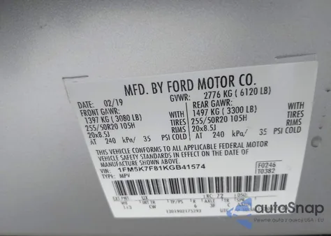 2019 Ford Explorer Limited z USA, uszkodzony, nr VIN 1FM5K7F81KGB41574